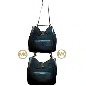 Michael Kors“Quincy” 2Way Black Suede/Leather Trim Bag Antiqued Silver Accents